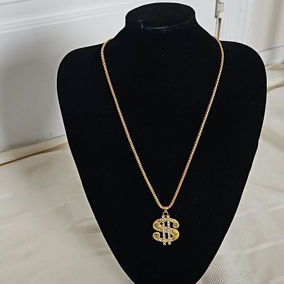 Men's Gold Plated Dollar Sign Pendant Chain 13" - Picture 4 of 16